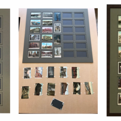 28 vintage postcards of Philadelphia. Each card was carefully hinged to the cutout of the secondary submat. They were then reinserted in the window. Wonderful collection put together by the client’s father.