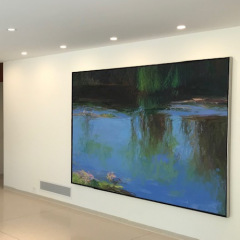 "Giverny" by Diana Burko - This painting now resides in an amazing mid century modern home by famed architect Richard Neutra in Bryn Athen PA. Painted in 1989, it measures 92” X 65” and is titled “Giverny” by Diane Burko, Philadelphia artist and climate activist.  The thick, lush and expressive brushwork unfortunately is not visible in the photo nor is the floor to ceiling wall of windows across from the painting overlooking the wooded valley.