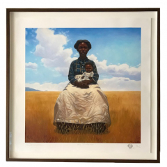"Madonna" large giclee print by Kadir Nelson - I framed it simply with a solid walnut cap frame,  raised on a platform in a white shadowbox. It was fitted with Museum glass to protect it and reduce glare.